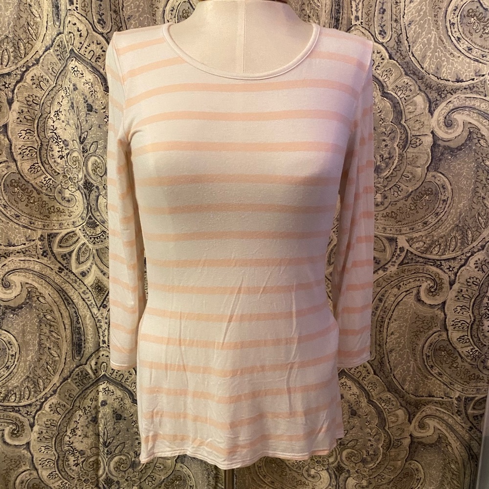Les Amis T-Shirt Short Sleeves Crew Neck High/Low White with Orange Stripes S